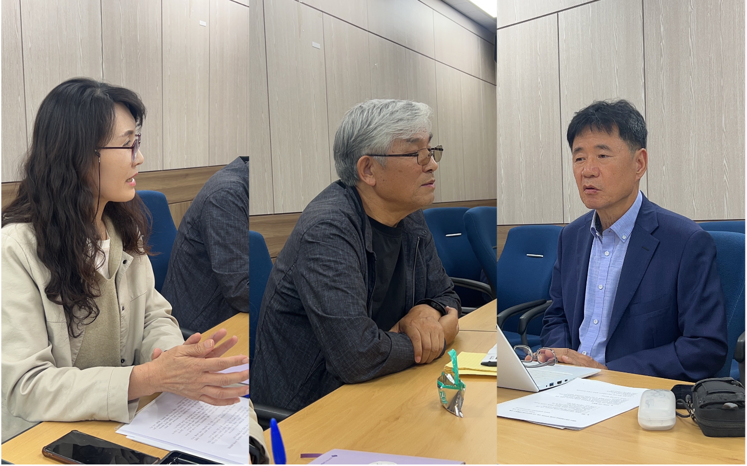 왼쪽부터 정경아, 김상구, 이석범 마을기록활동가 등이 인터뷰를 하고 있다